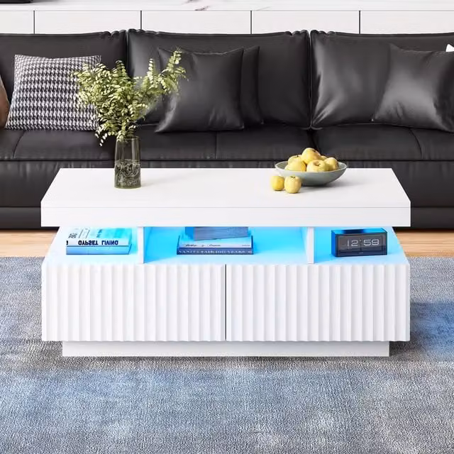 Rolipo White Ribbed Coffee Table with LED Lights and 2 Drawers – 1