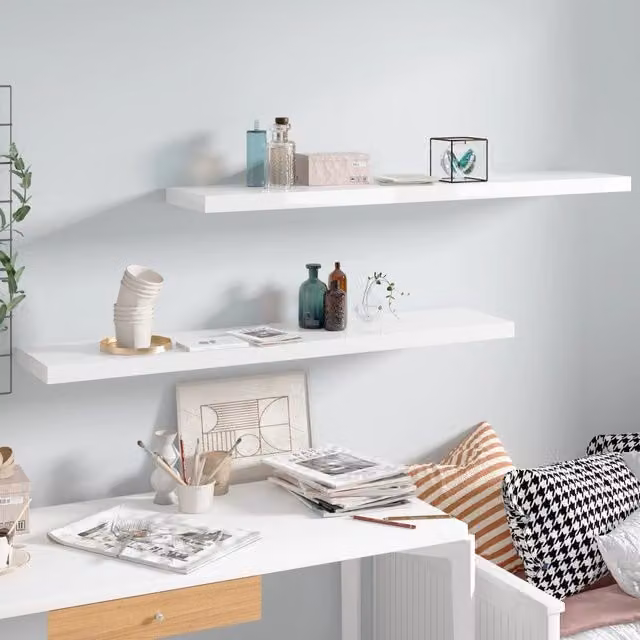 Berkfield Home Set of 2 Floating Wall Shelves in High Gloss White MDF, W: 120 cm, D: 23.5 cm, H: 3.8 cm – 1