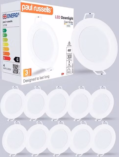 Paul Russells 4W Round Recessed LED Downlight, 300lm, 4000K Cool White, IP20, White