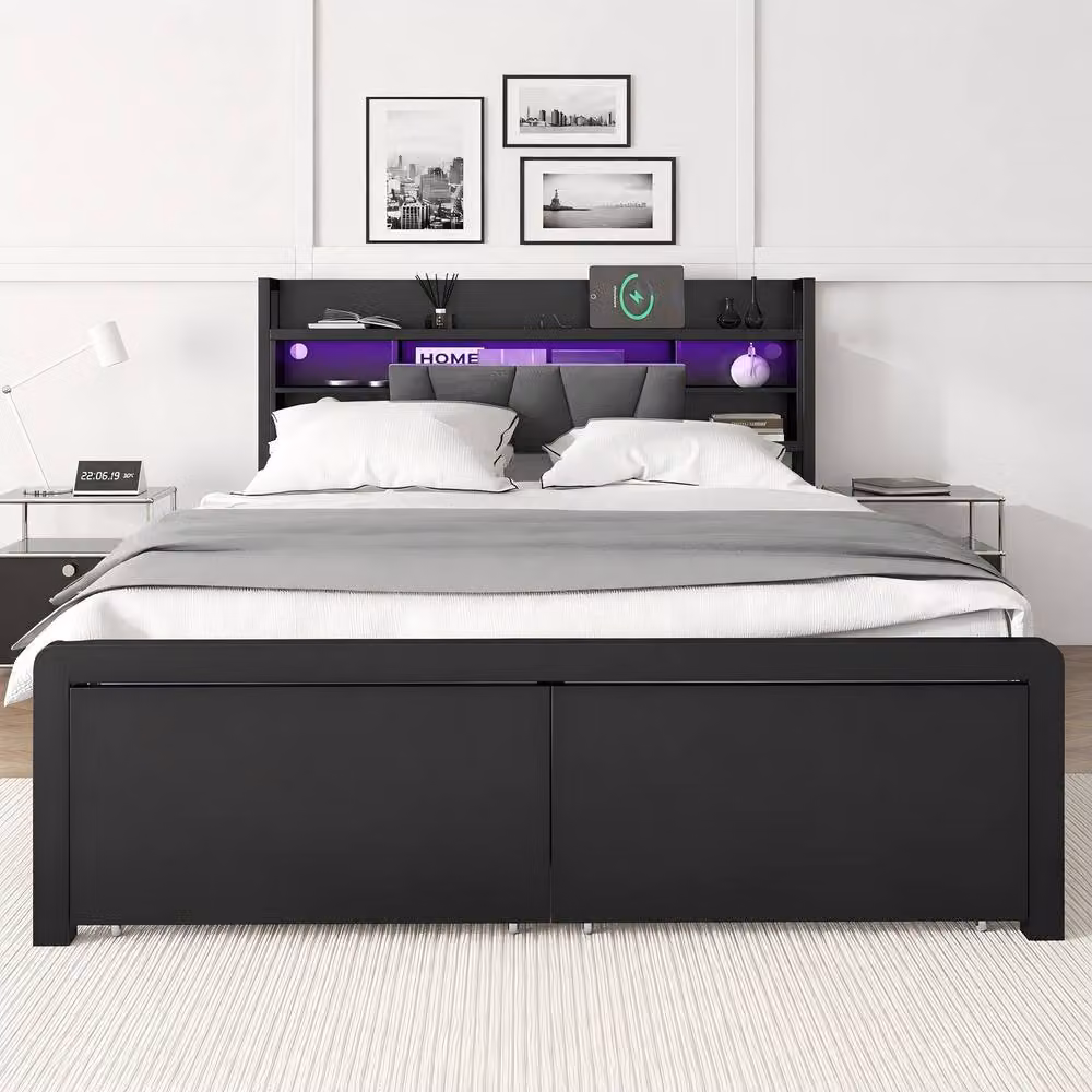 Merax Industrial Double Bed in Black and Grey with Under-Bed Lighting, USB Charging Ports and Drawers, W/D/H: 140 x 200 x 135 cm – 2