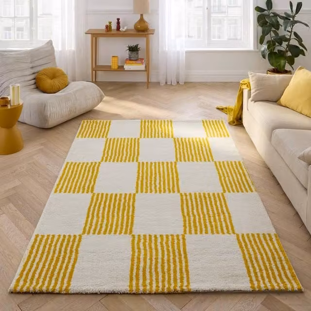 sweeek Yellow and White Checkerboard Rectangular Interior Carpet, W: 120 cm, L: 160 cm – 1
