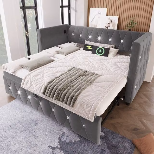 Aosom Grey Upholstered Velvet Daybed with USB and Type C Ports and Pull-Out Trundle, W/D/H: 203 x 101-194 x 76 cm