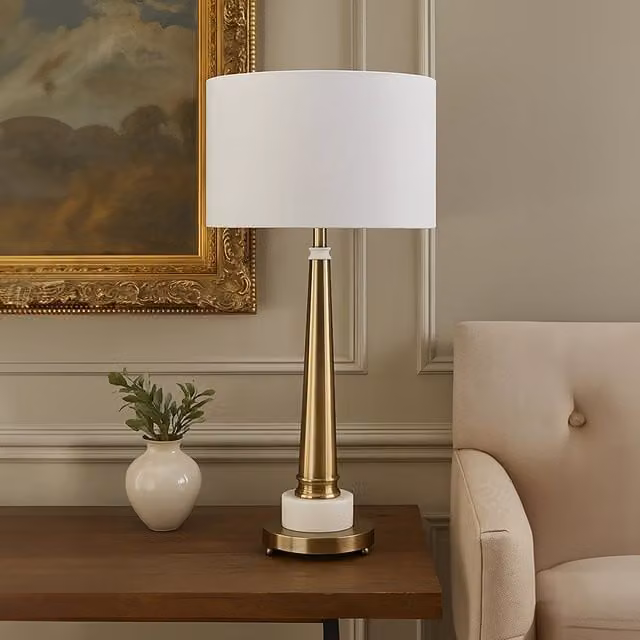 Orsina Classic Table Lamp with Antique Brass Tapered Stand, White Marble Base and Linen Shade in Gold and White