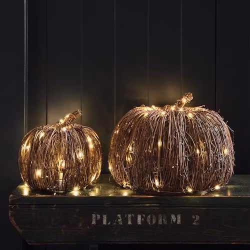 Lights4fun Set of 2 Pre-Lit Rattan Pumpkins in White and Brown for Indoor and Outdoor Decoration – 2