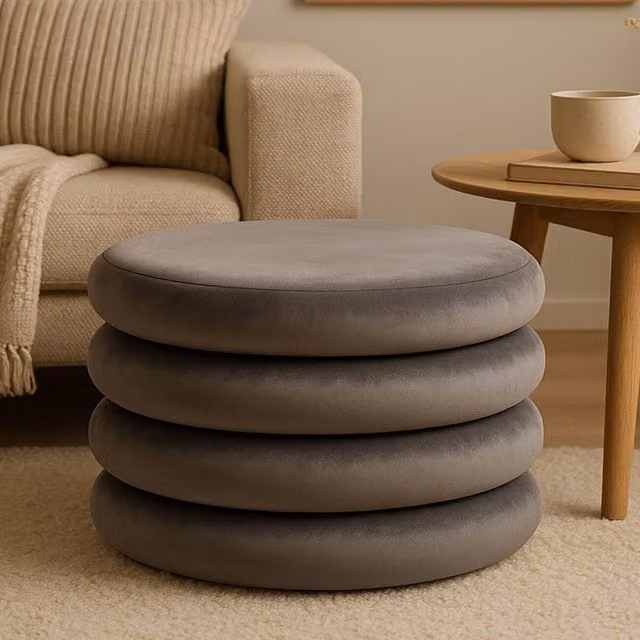 Orsina Grey Velvet Round Footstool with Tufted Details, W/D/H: 40 x 40 x 40 cm