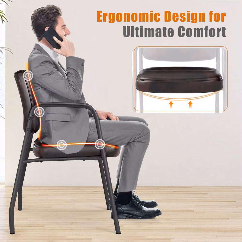 Costway Set of 2 Brown Upholstered PU Leather Waiting Room and Conference Chairs with Armrests – 6