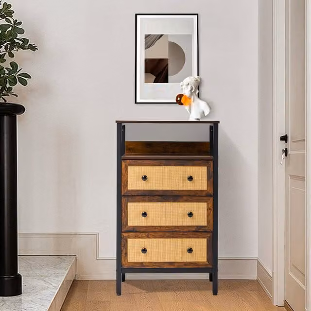 Livingandhome Rustic Rattan Storage Cabinet with Drawers and Open Shelf in Brown and Black, Height: 104 cm