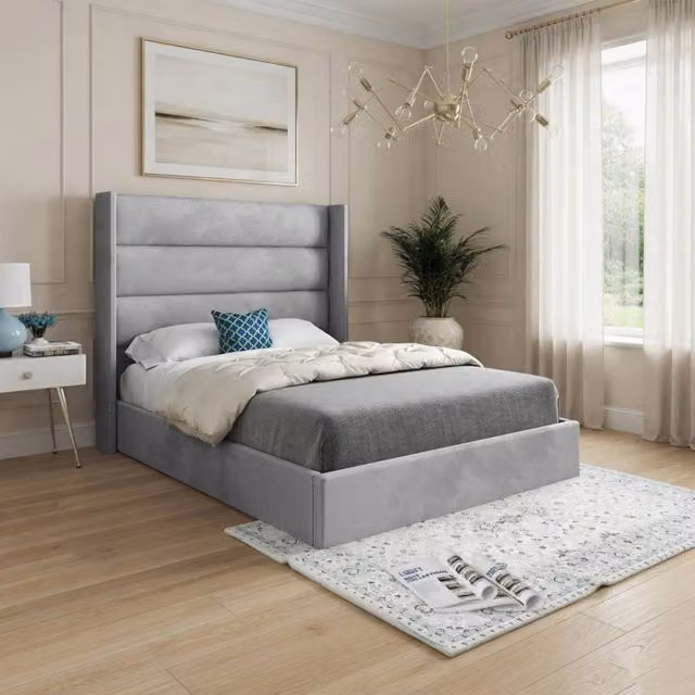 KDMD Yeovil Winged Upholstered Designer Bed Frame in Grey Soft Velvet, Size: Single (W/D/H: 90 x 200 x 137 cm) – 1
