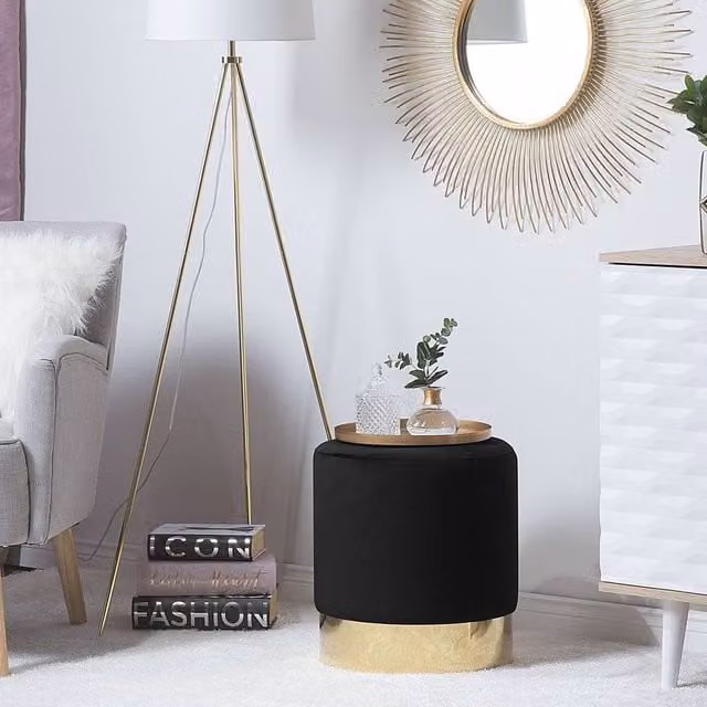 Wyld and Coco Living Velvet Round Footstool in Black with Gold Base
