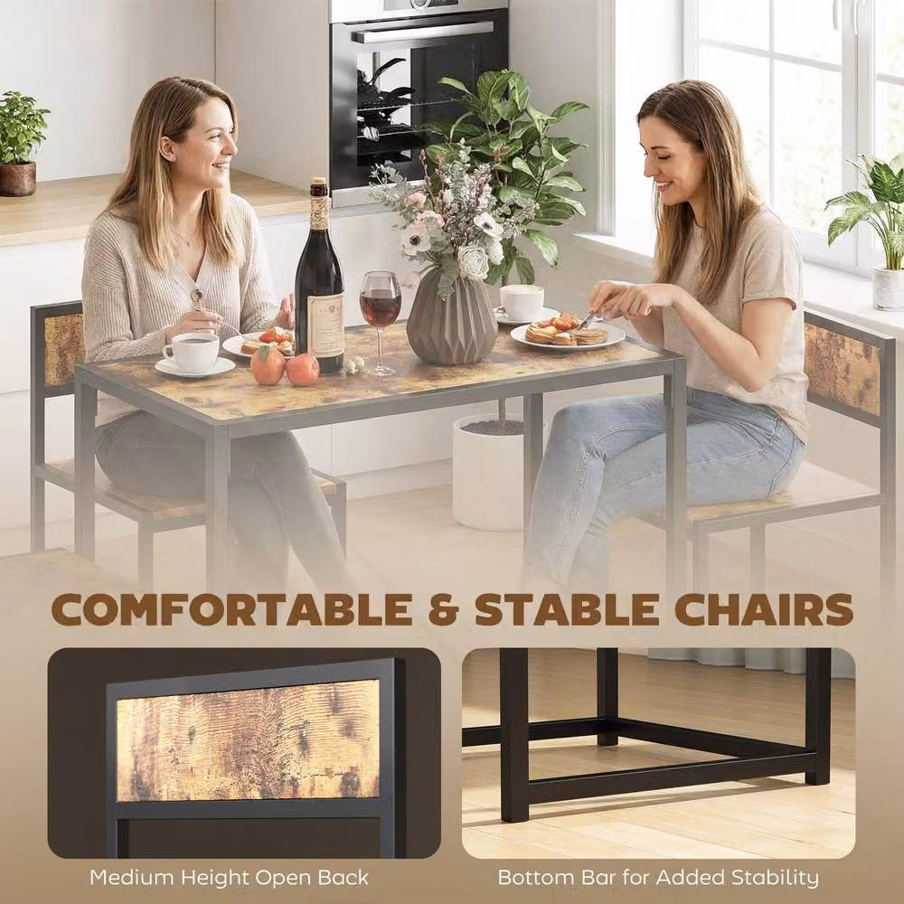 STILVORA Table and 2 Stools Set with Steel Frame in Rustic Dark Brown – 6