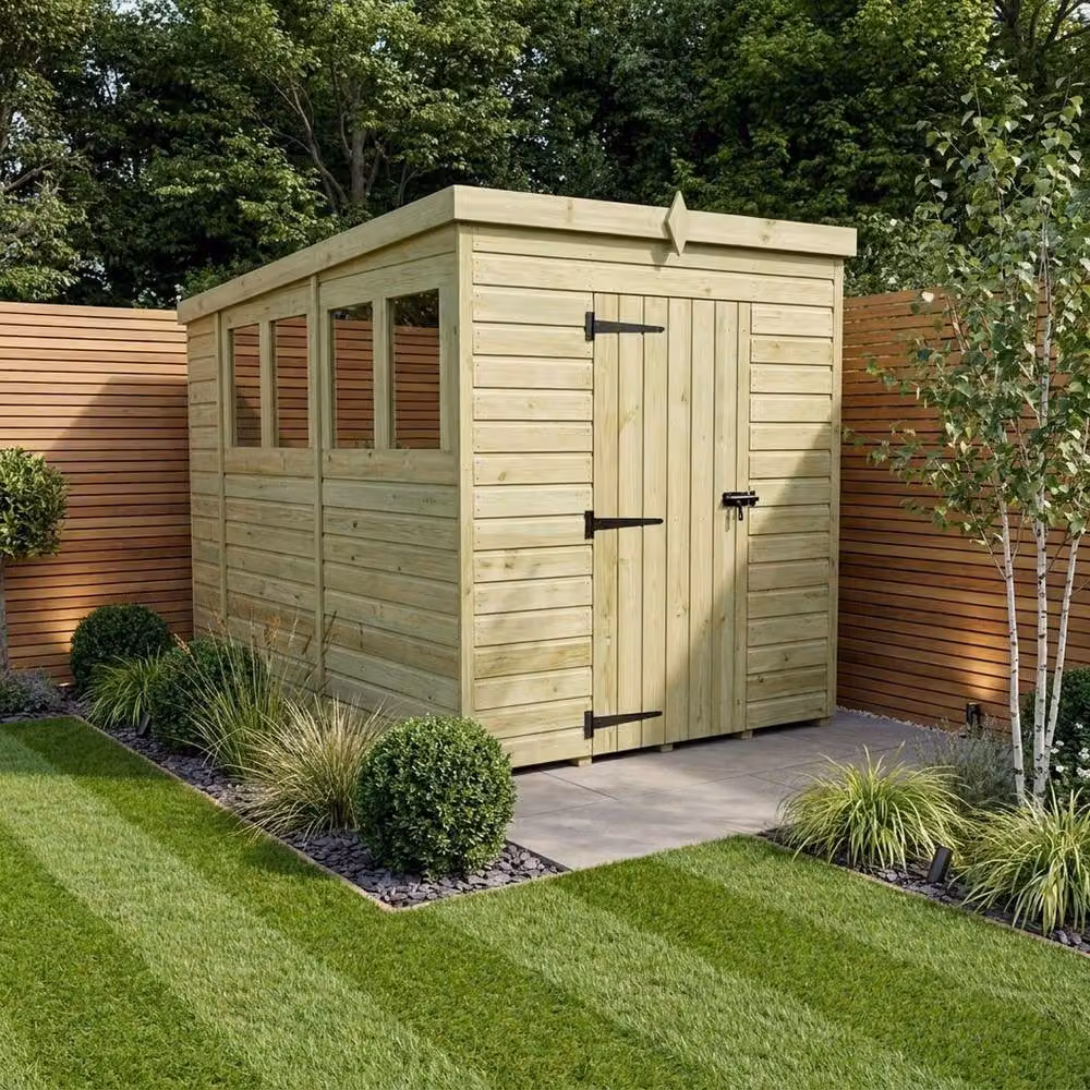 Buttercup Farm Pent Garden Shed with Single Door and Windows, Brown Timber – 2