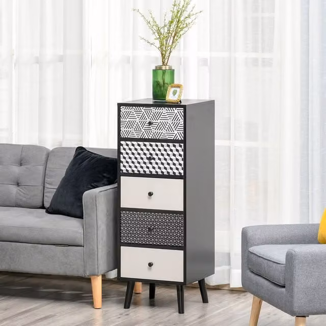 HOMCOM 5 Drawer Wooden Chest of Drawers and Storage Cabinet in Black