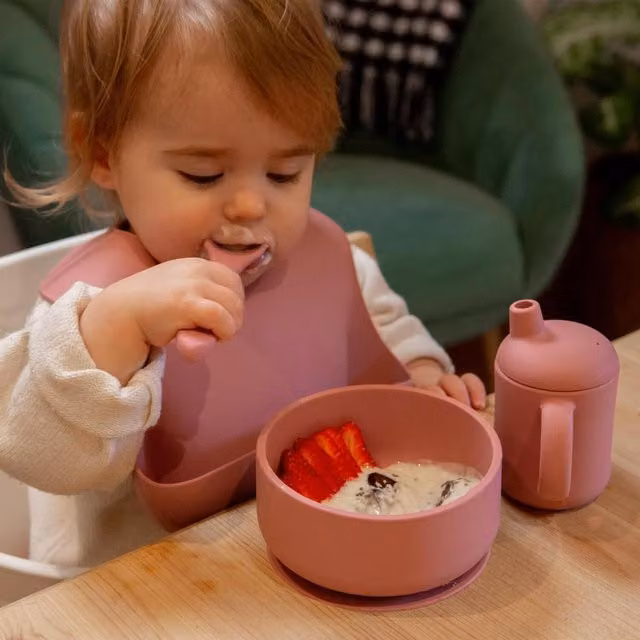 Tiny Dining 4-Piece Silicone Baby Suction Weaning Set in Pink
