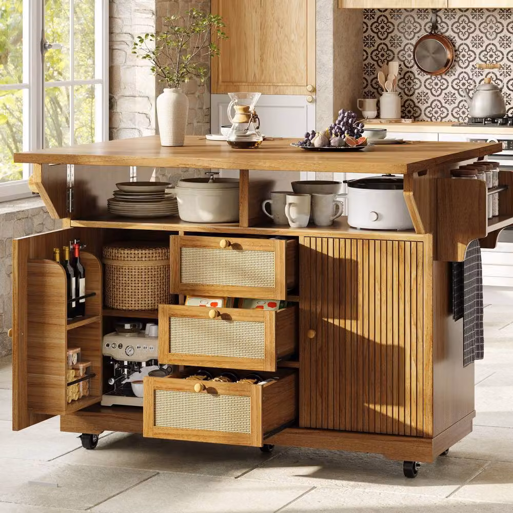 STILVORA Kitchen Trolley with Foldable Sides in Rustic Brown Wood and Rattan – 2