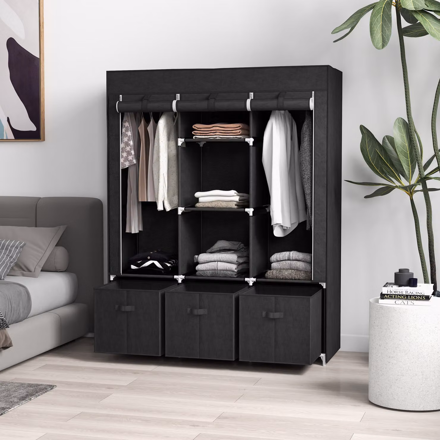 HOMCOM Foldable Fabric Wardrobe in Black with 5 Shelves, 2 Hanging Rails and 3 Drawers – 2