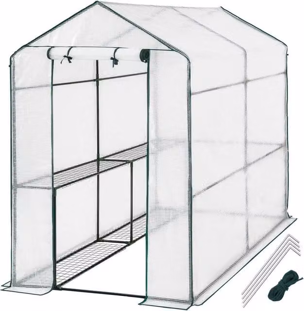 tectake Greenhouse with 4 Shelving Levels and Tarpaulin Cover, White, W/D/H: 186 x 120 x 190 cm – 1