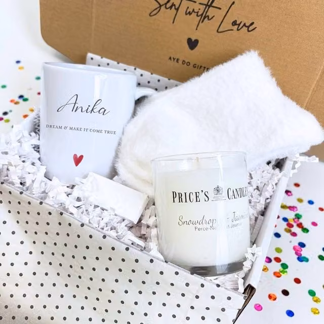 Aye Do Gifts Women's Personalised Name Mug, Candle and Socks Gift Hamper in White