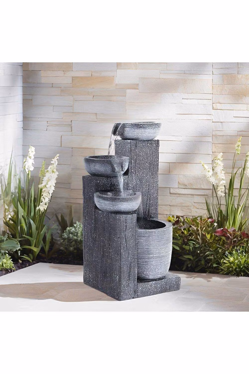 Garden Sanctuary Solar-Powered Cascade Rockery Water Feature in White and Grey Stone – 2