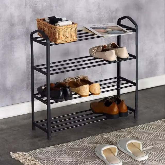 Home Source Minimalist Black Metal Shoe Rack Hallway Organiser Unit
