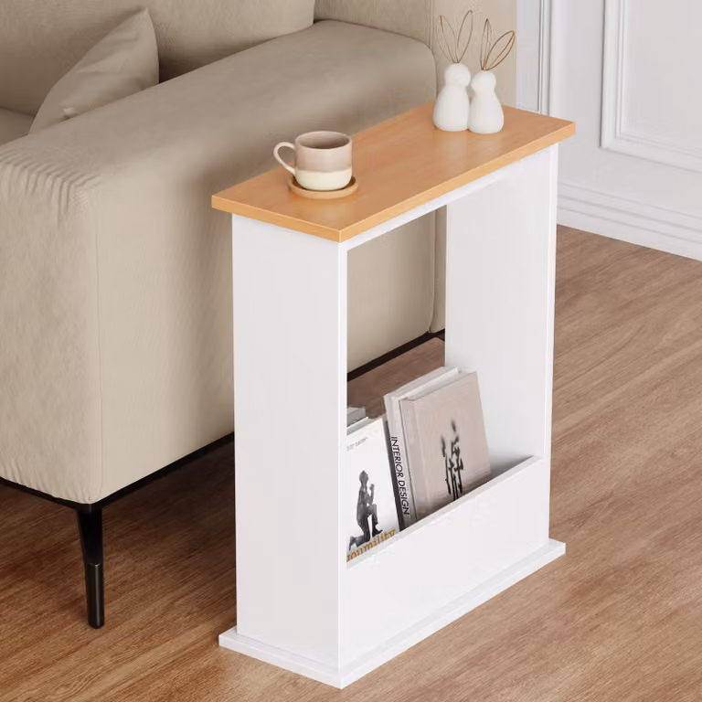 Small Narrow Side Table with Storage in White and Wood Finish
