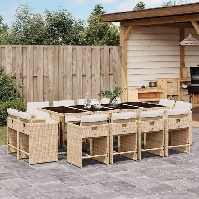 Berkfield Home Modern Polyrattan Garden Dining Set with Glass Top in Beige, White and Black