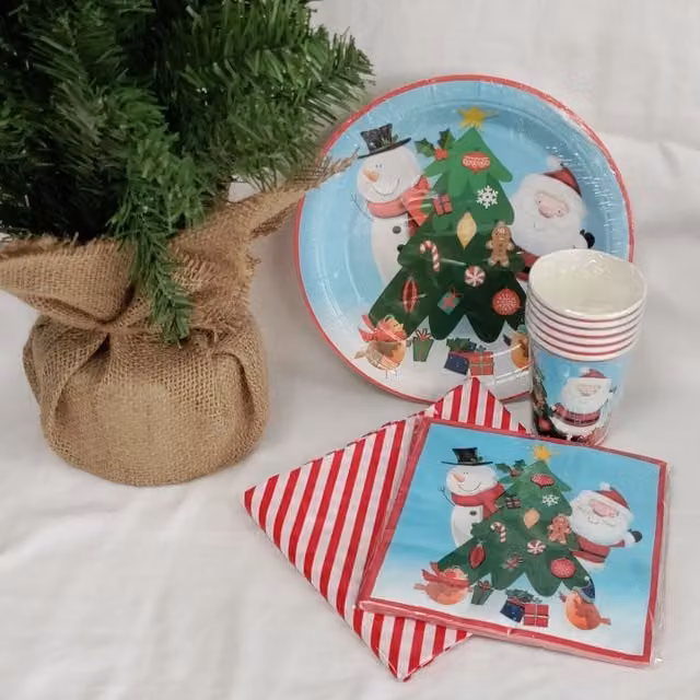 Eurowrap 25pc Christmas Party Disposable Tableware Set in Multicolour Striped Red and White