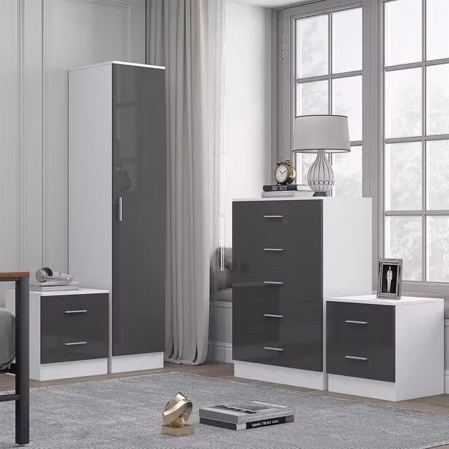 REFLECT Bedroom Furniture Set in Grey Gloss and Matt White including 1 Door Wardrobe, 5 Drawer Chest and 2 Bedsides