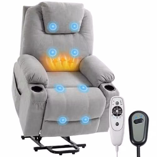 HOMCOM Power Lift Recliner Chair with Vibration Massage and Heat in Light Grey – 1