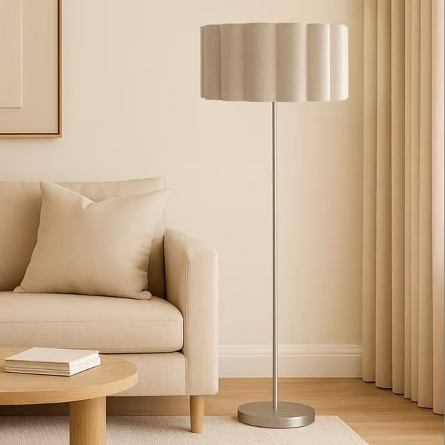 CGC Lena Brushed Nickel Straight Floor Lamp with Large Scalloped Fabric Lampshade, Silver, H 163 cm x W 48 cm