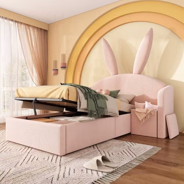 Matteo Girl's Bunny Ears Single Upholstered Kids Bed with Hydraulic Storage, Pink, W/D/H: 90 x 190 x 143 cm – 1