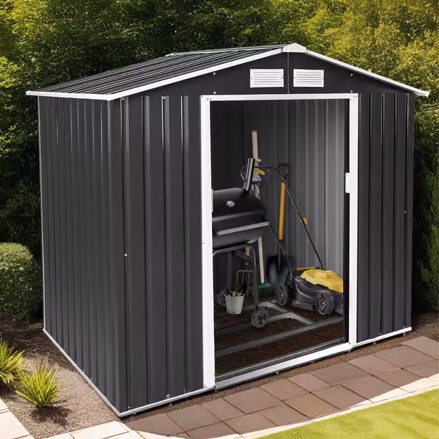 tectake Freestanding Metal Garden Shed with Gable Roof and Sliding Doors in Grey and White