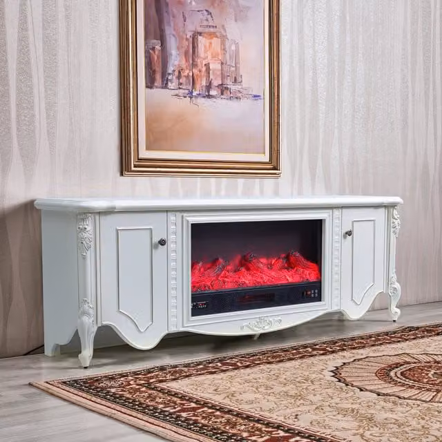 Livingandhome Retro Ivory and Champagne Gold MDF Wood Fireplace TV Stand