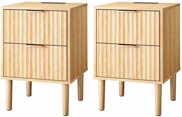 FLAVORA Pair of 2-Drawer Wooden Leg Bedside Cabinets in Light Oak – 1