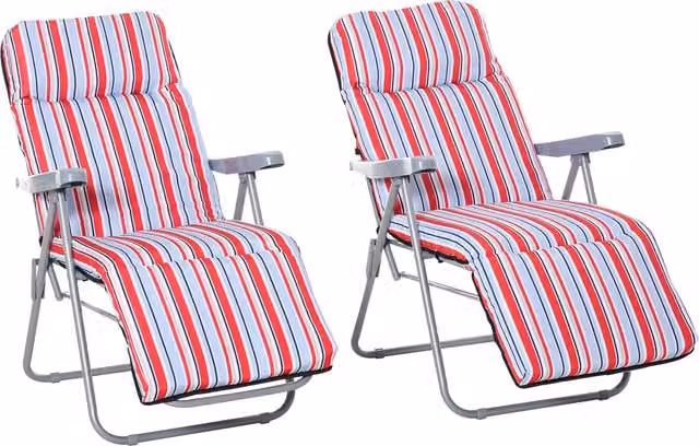 Outsunny Set of 2 Red and White Striped Garden Sun Loungers with Cushions