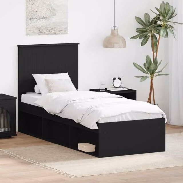 Berkfield Home Modern Bed Frame with Headboard in Black Solid Pine Wood, W: 75 cm, L: 190 cm