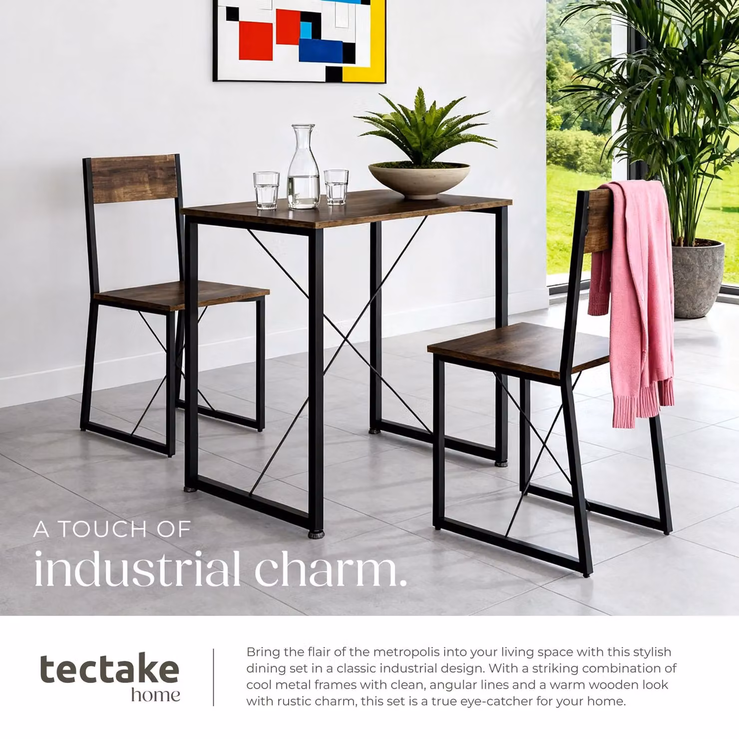 TECTAKE Margate 3-Piece Dining Table and Chairs Set in Brown and Black Industrial Style – 4