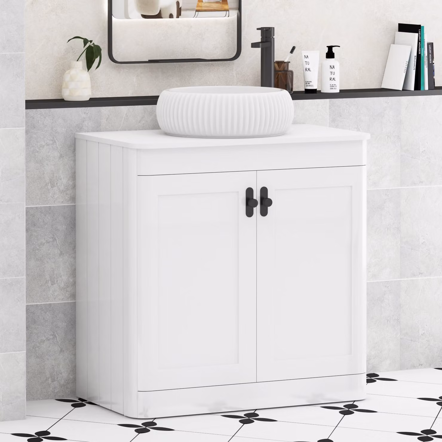 Royal Bathrooms Henley 800mm Gloss White Floor Standing 2 Door Vanity Unit with Plain White Worktop, Milan Basin and Matt Black Knob