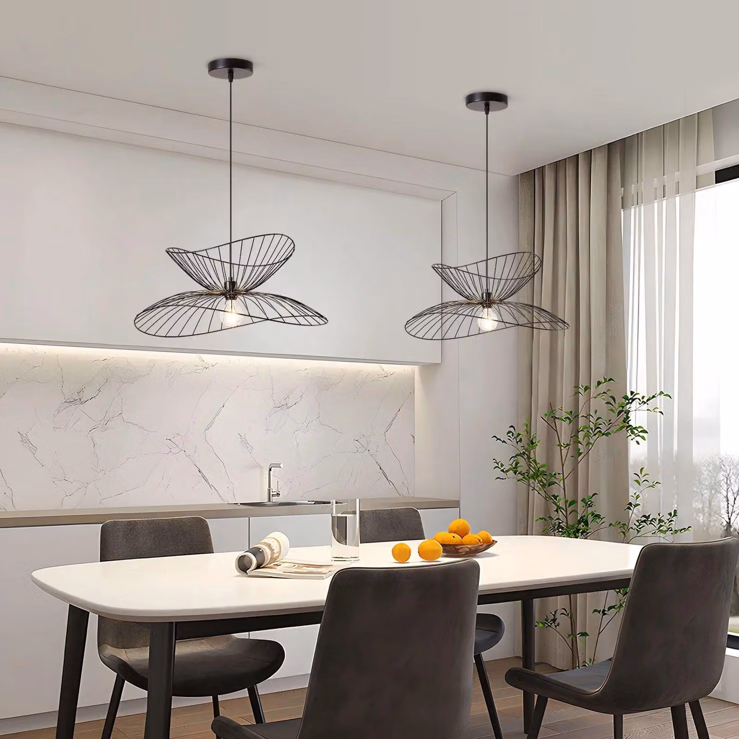Harper Living Contemporary Black Metal Pendant Ceiling Light with Curved Threaded Shades, Diameter: 65 cm – 4