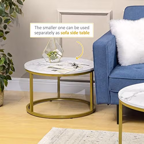 HOMCOM Set of 2 Round Nest of Tables with White Glossy Tops and Gold Metal Frame – 3