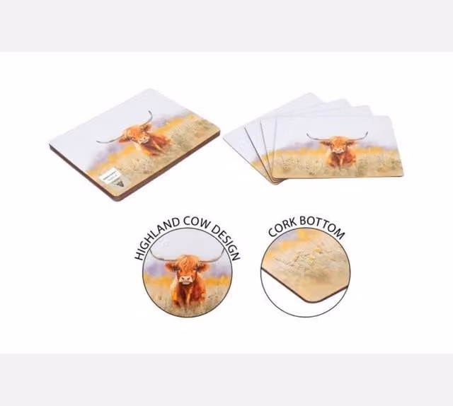 KDMD Rustic Highland Cow Placemats, 4 Pack, Brown, Cork, Non-Slip and Wipe Clean