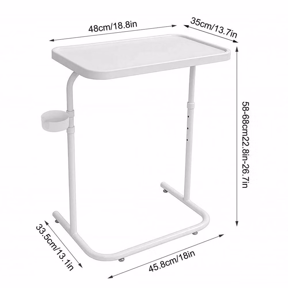VOGREX Height Adjustable Overbed Table with Folding Top and Sled Base in White Metal – 2