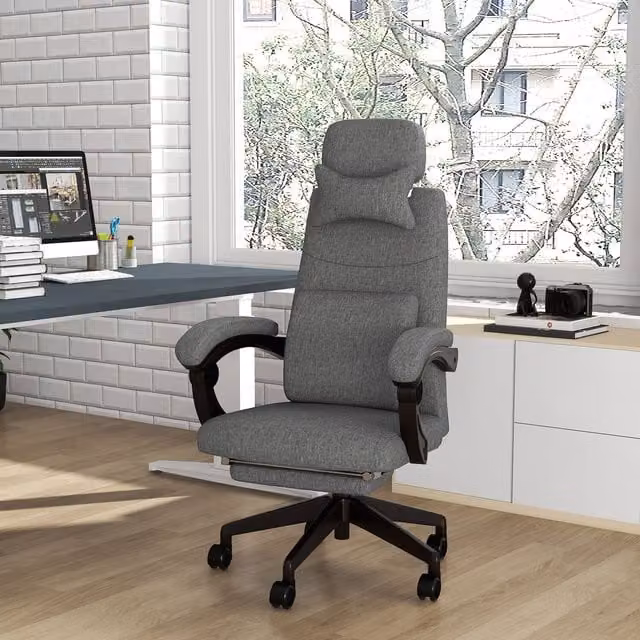 Vinsetto Modern Fabric Home Office Task Chair with 360 Degree Swivel, Headrest and Foot Ring, Dark Grey