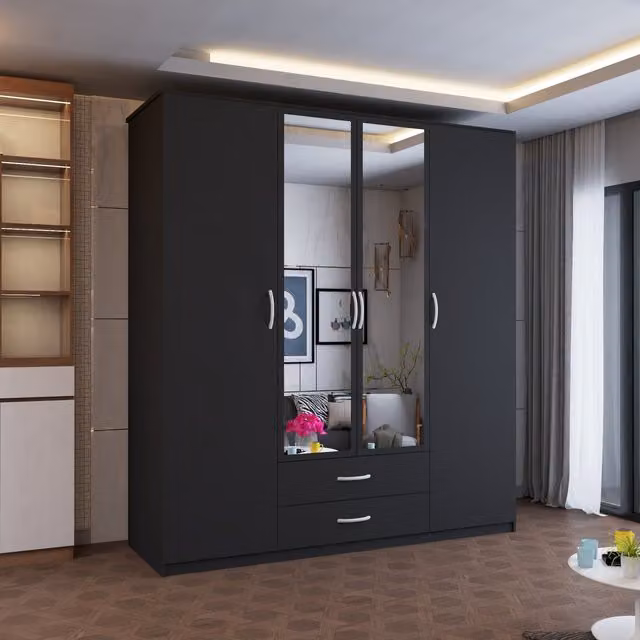 MN Furniture Louise 4 Door Hinged Wardrobe with Mirror and Internal Drawers in Black, W: 171 cm, H: 198 cm