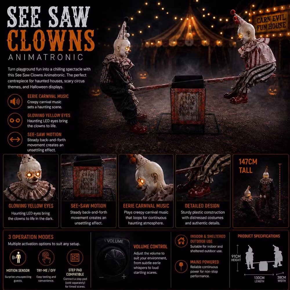 Samuel Alexander Animated Halloween SeeSaw Clowns Decoration with Red Glowing Eyes, Multicolour, Height: 91 cm – 2