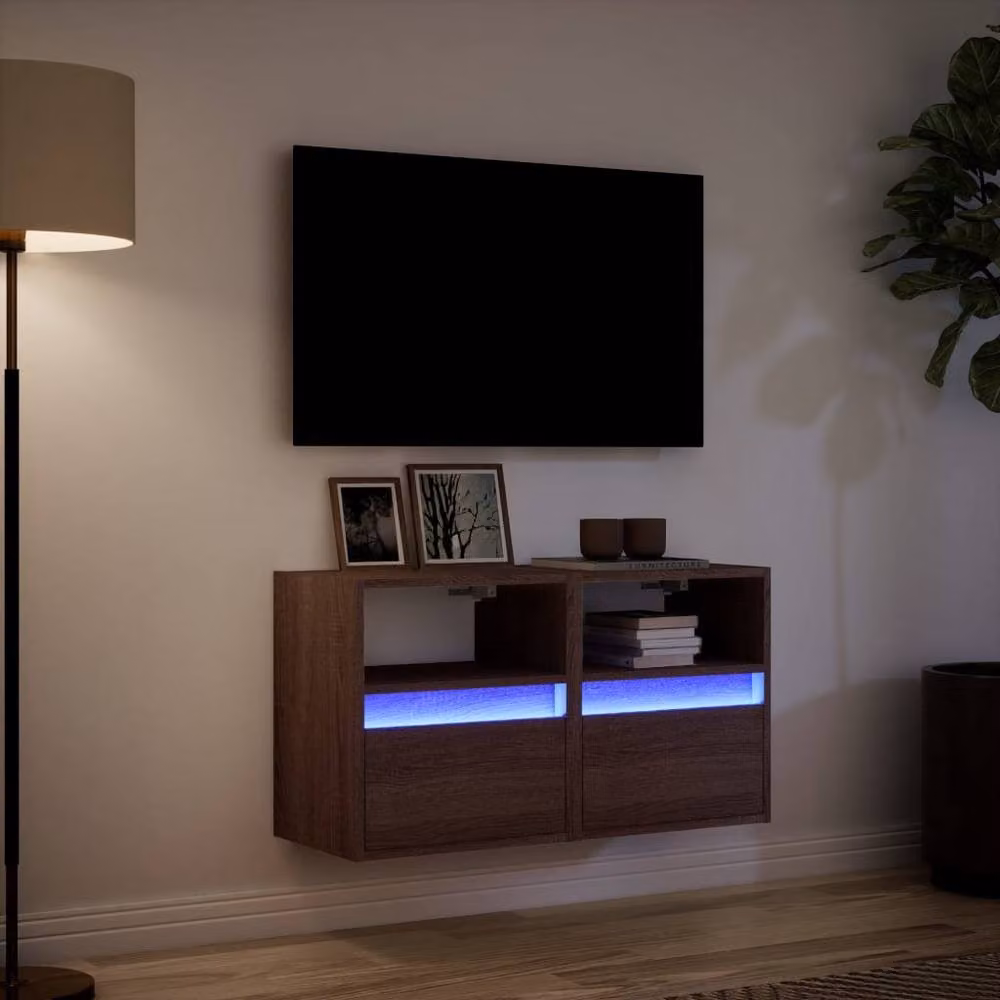 Berkfield Home Set of 2 Modern TV Wall Cabinets with LED Lights in Brown Oak, W/D/H: 41 x 31 x 45 cm – 4