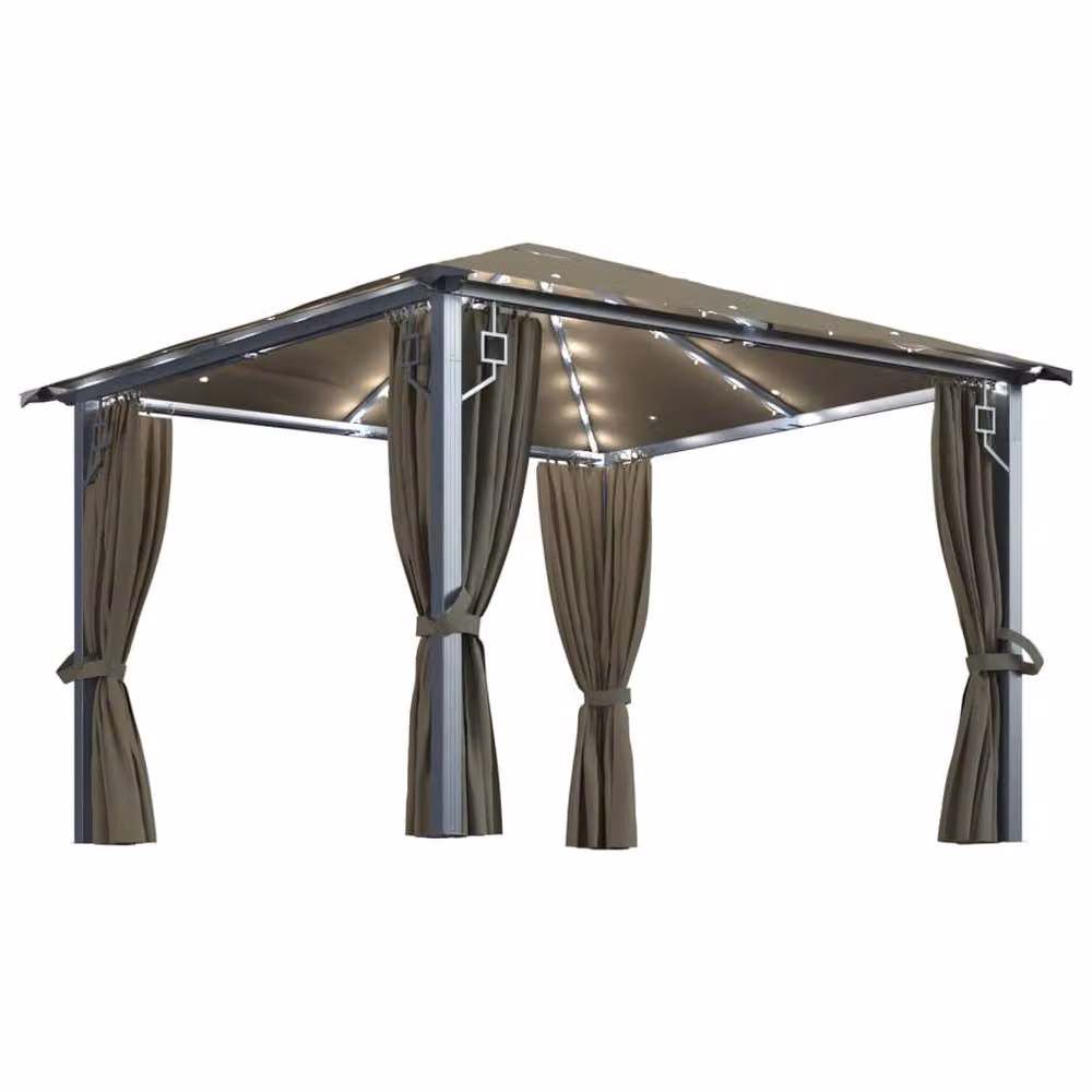Berkfield Home Aluminium Gazebo with Curtains and LED String Lights, Taupe, W: 300 cm x D: 300 cm x H: 270 cm – 2