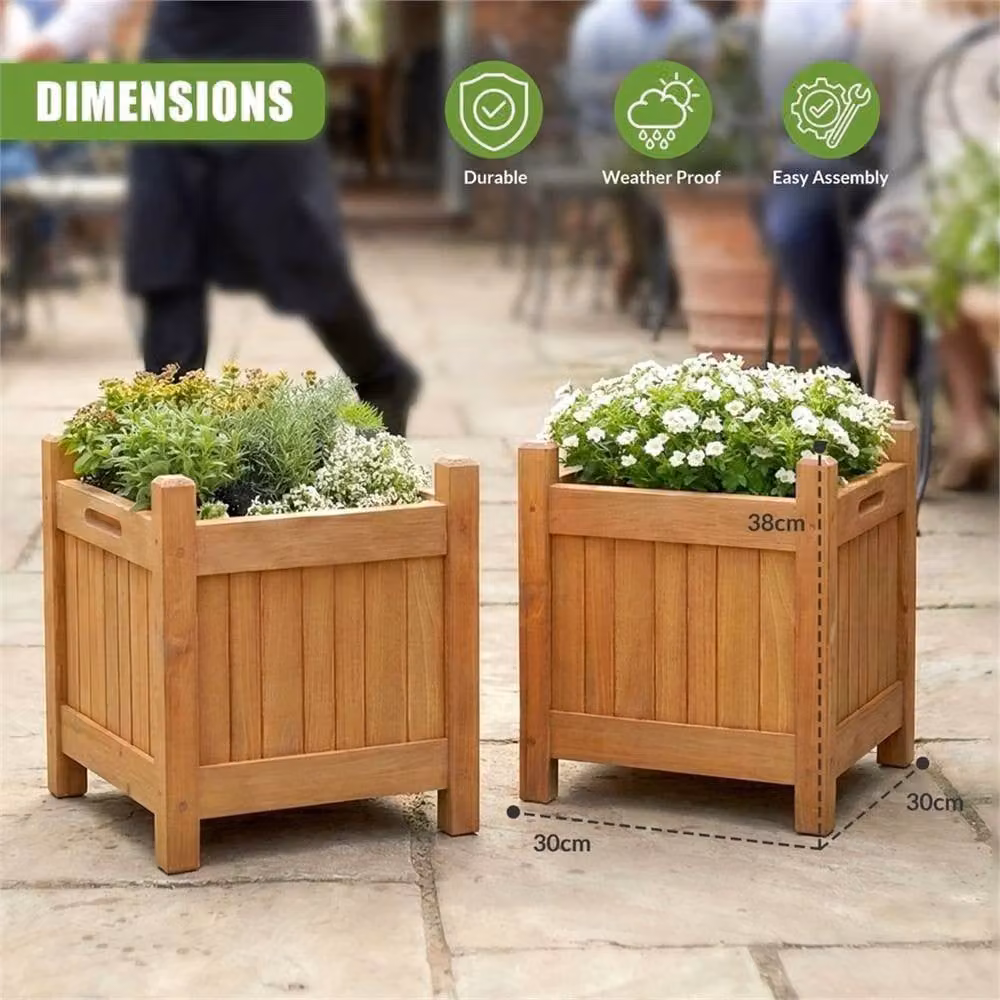 Kelvenix Set of 2 Square Wooden Garden Planters in Brown – 2