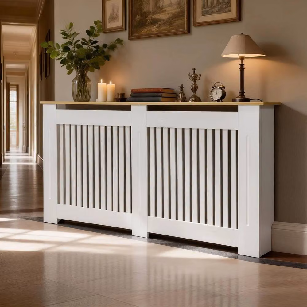 FORGEVIO Vertical Large Radiator Cover in White with Wood Texture Top, W: 152 cm, D: 20 cm, H: 92.5 cm – 3