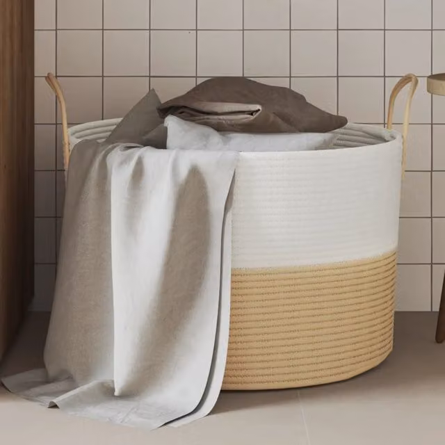 Berkfield Cotton Open Weave Storage Basket in Beige and White, W: 51 cm, D: 33 cm, H: 33 cm