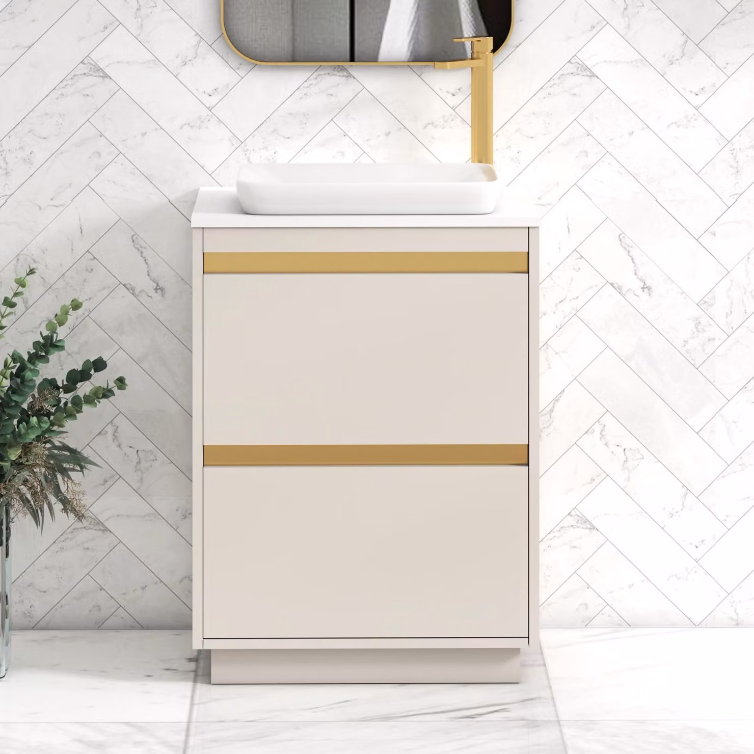 Royal Bathrooms Orion 600mm Warm Taupe Floor Standing Vanity Unit with Qubix Basin and Brushed Brass Accent Trim